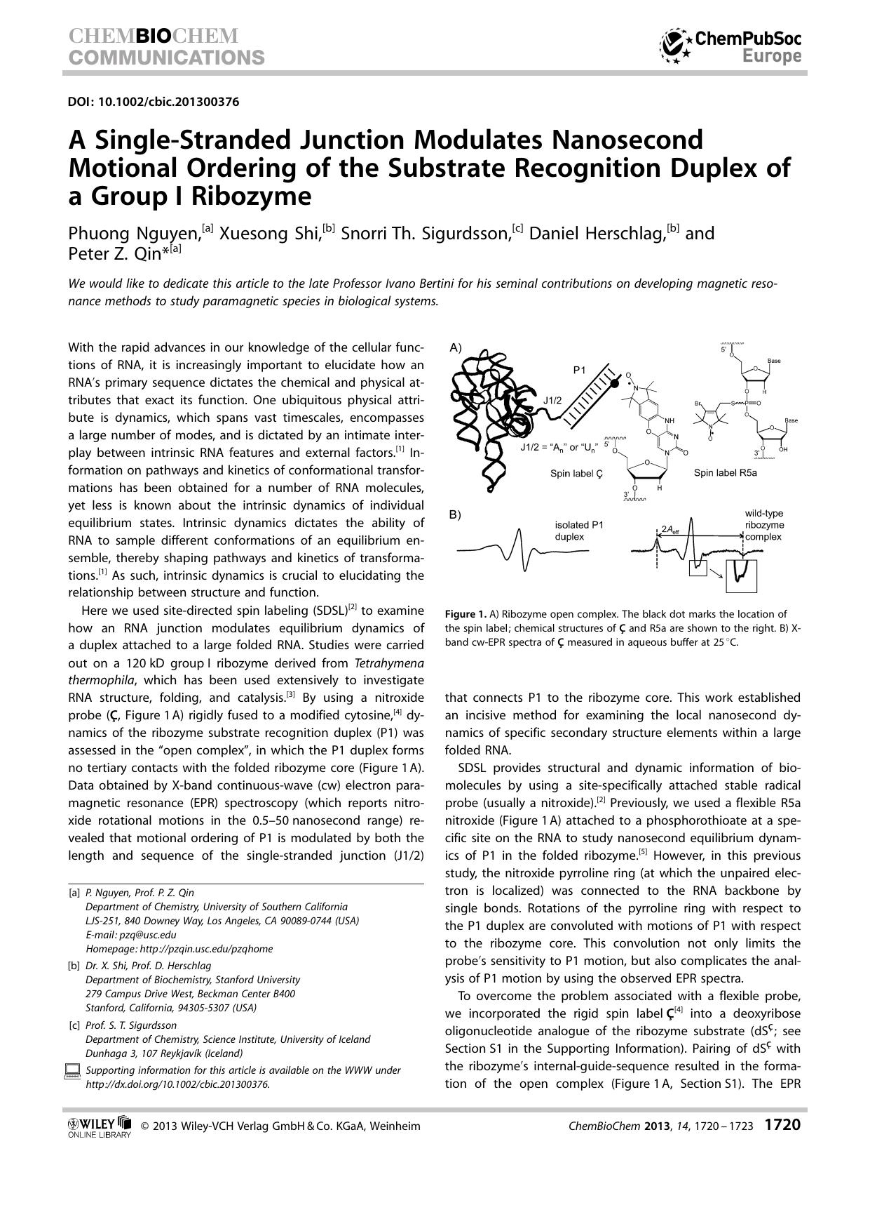 A SingleStranded Junction Modulates Nanosecond Motional Ordering of the Substrate Recognition Duplex of a Group I Ribozyme by Unknown