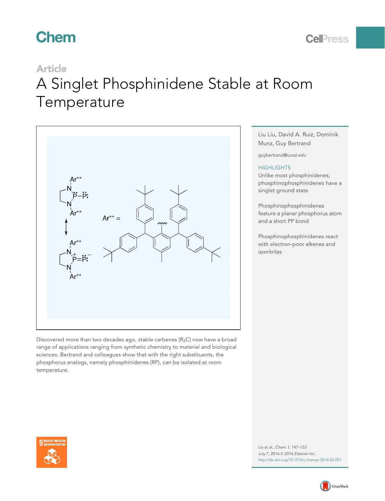 A Singlet Phosphinidene Stable at Room Temperature by Liu Liu & David A. Ruiz & Dominik Munz & Guy Bertrand