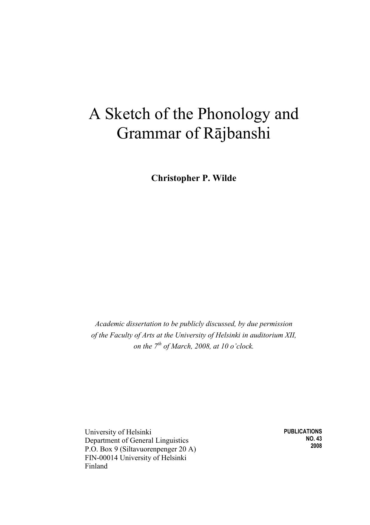 A Sketch of the Phonology and Grammar of Rajbanshi by Christopher P. Wilde
