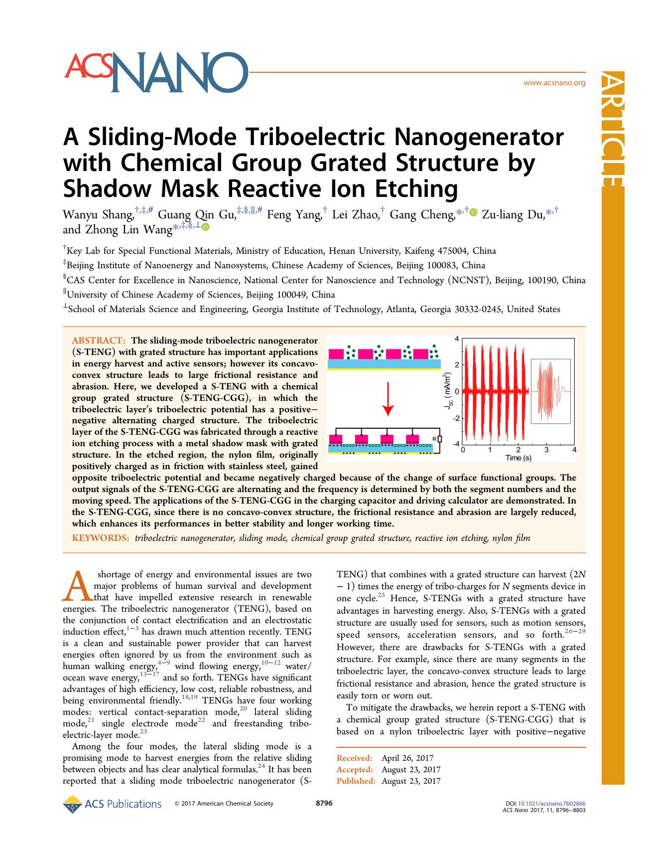 A Sliding-Mode Triboelectric Nanogenerator with Chemical Group Grated Structure by Shadow Mask Reactive Ion Etching by Wanyu Shang Guang Qin Gu Feng Yang Lei Zhao Gang Cheng Zu-liang Du & Zhong Lin Wang