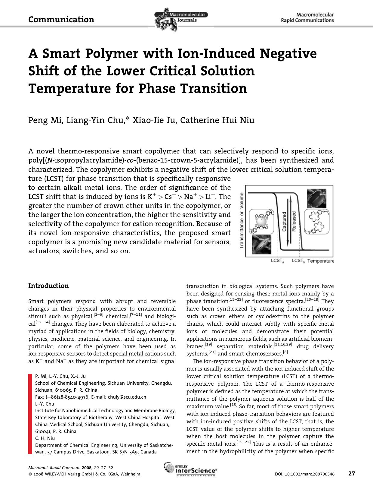 A Smart Polymer with Ion-Induced Negative Shift of the Lower Critical Solution Temperature for Phase Transition by Unknown