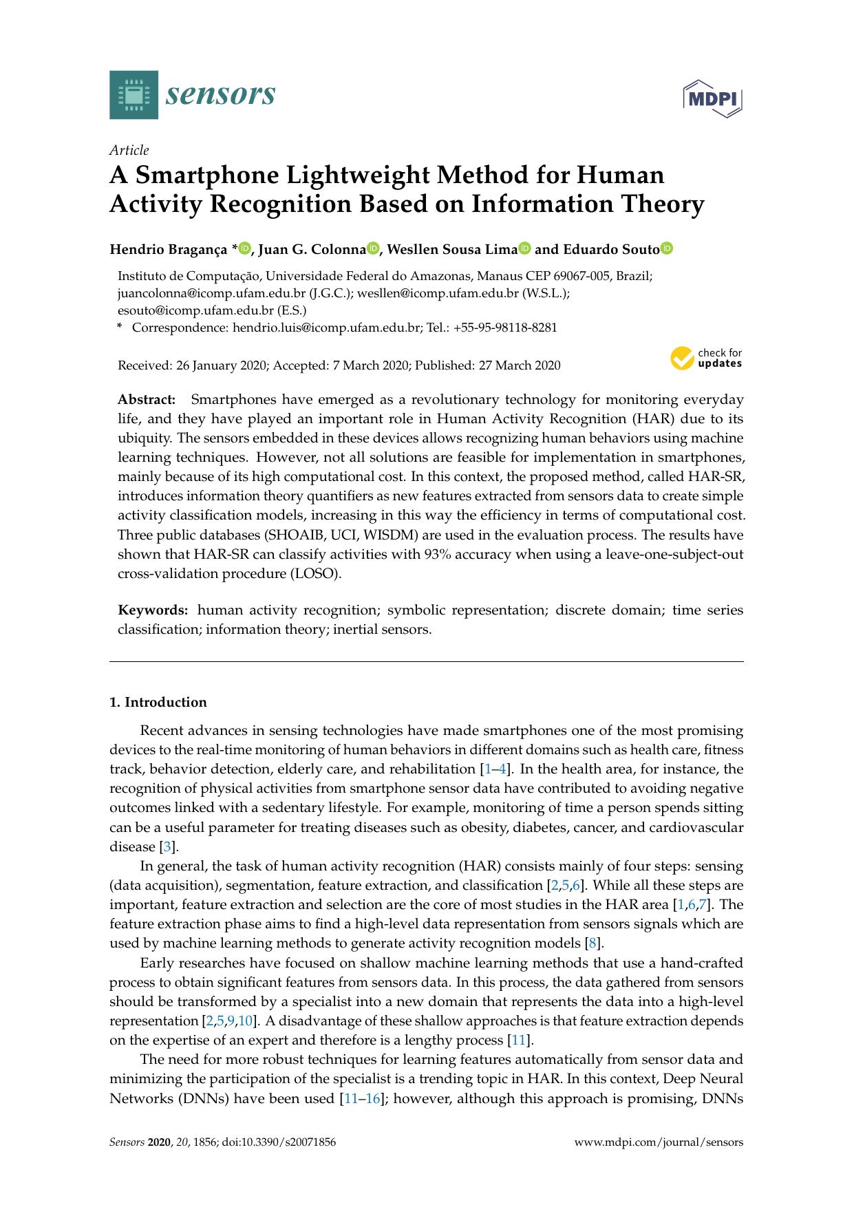 A Smartphone Lightweight Method for Human Activity Recognition Based on Information Theory by Hendrio Bragança