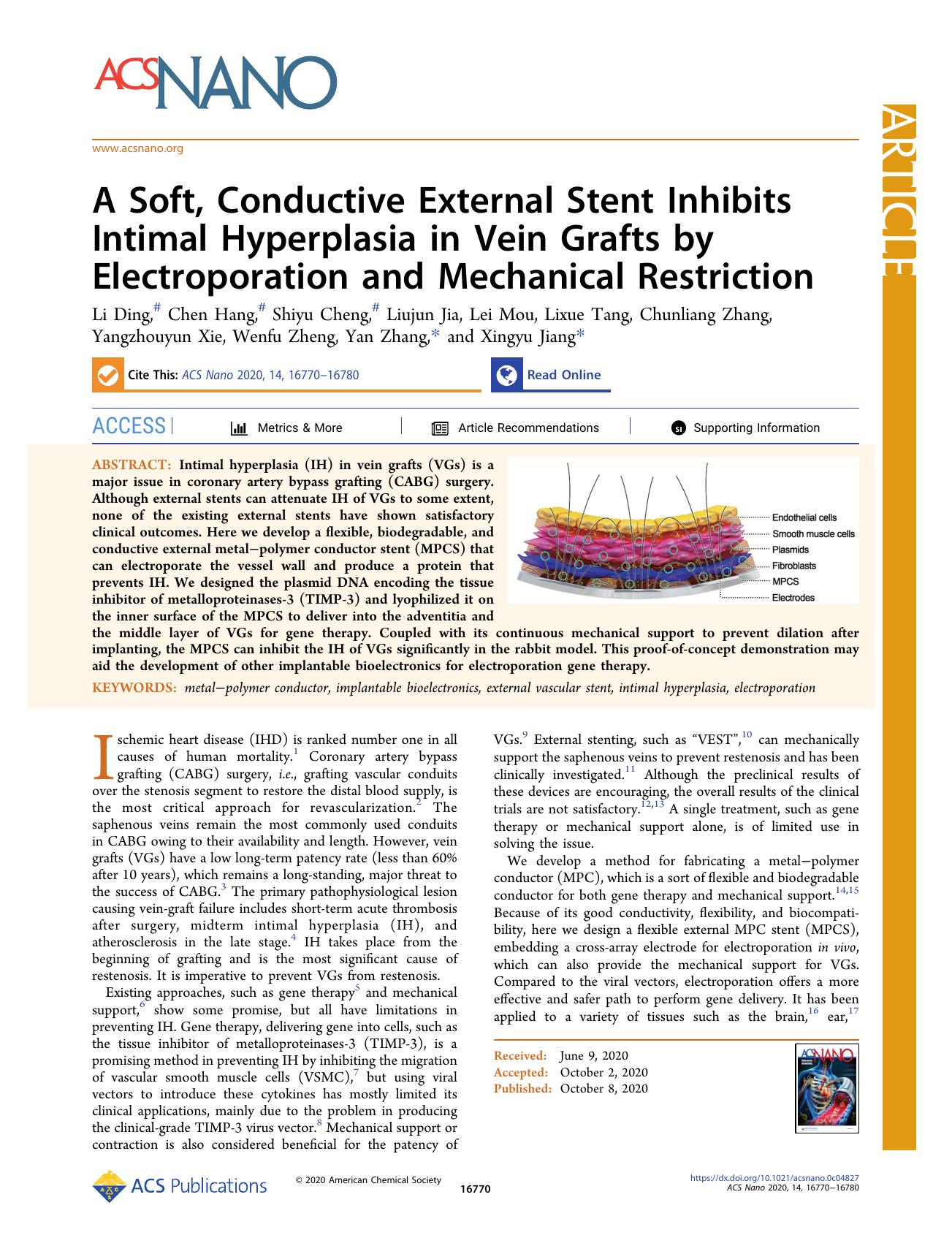 A Soft, Conductive External Stent Inhibits Intimal Hyperplasia in Vein Grafts by Electroporation and Mechanical Restriction by unknow