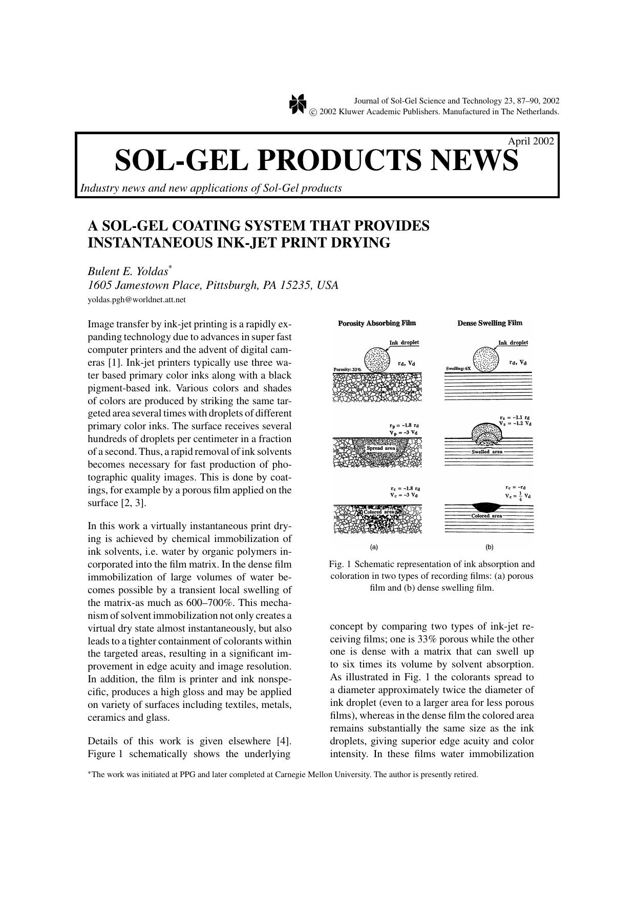 A Sol-Gel Coating System that Provides Instantaneous Ink-Jet Print Drying by Unknown