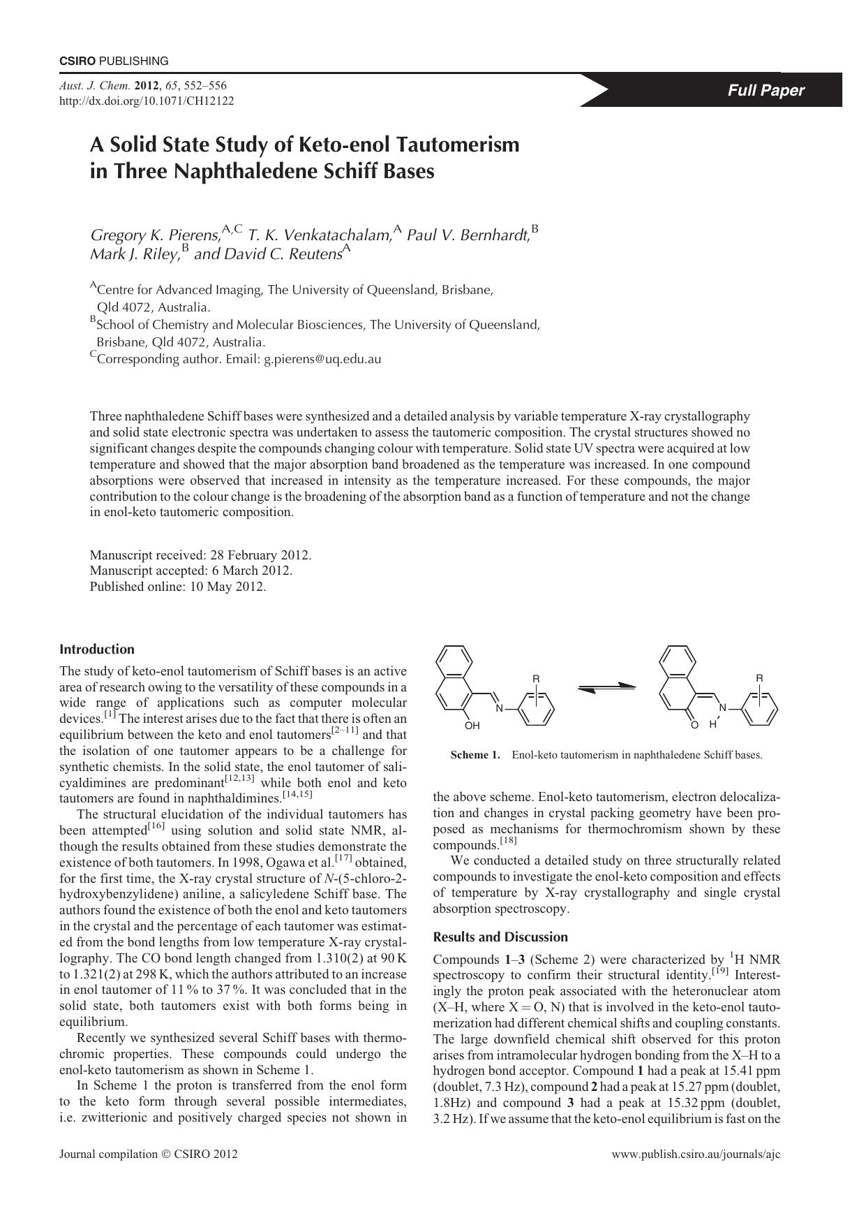A Solid State Study of Keto-enol Tautomerismin Three Naphthaledene Schiff Bases by G. K. Pierens et al