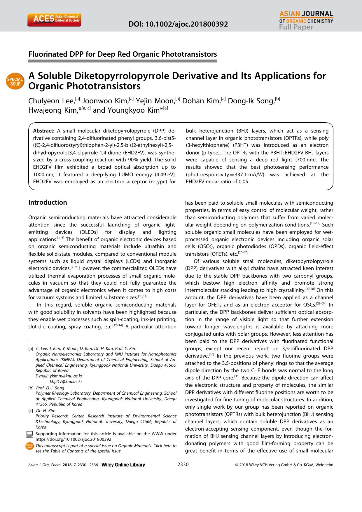A Soluble Diketopyrrolopyrrole Derivative and Its Applications for Organic Phototransistors by Unknown