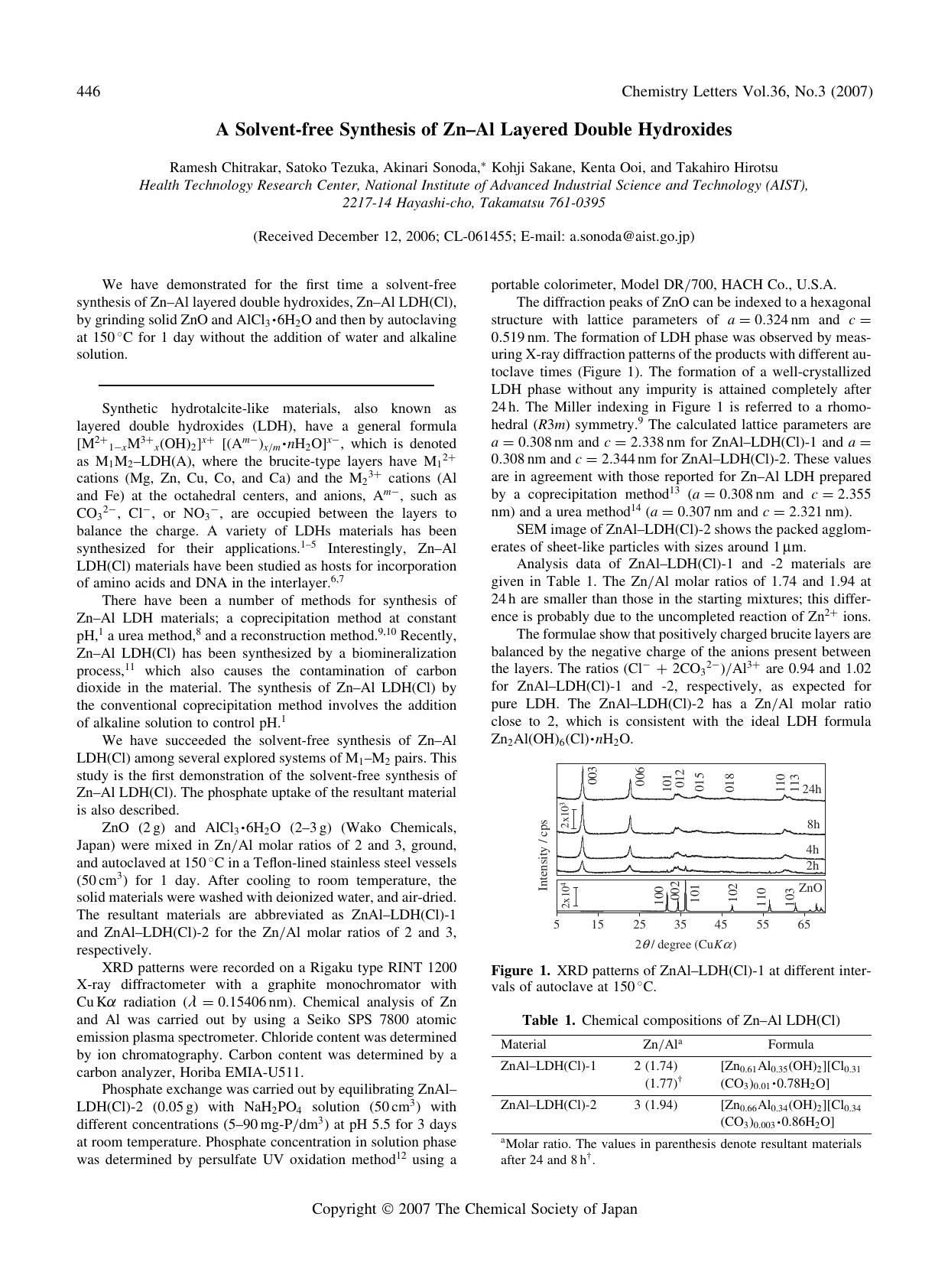 A Solvent-free Synthesis of Zn--Al Layered Double Hydroxides by Ramesh Chitrakar Satoko Tezuka Akinari Sonoda Kohji Sakane Kenta Ooi and Takahiro Hirotsu