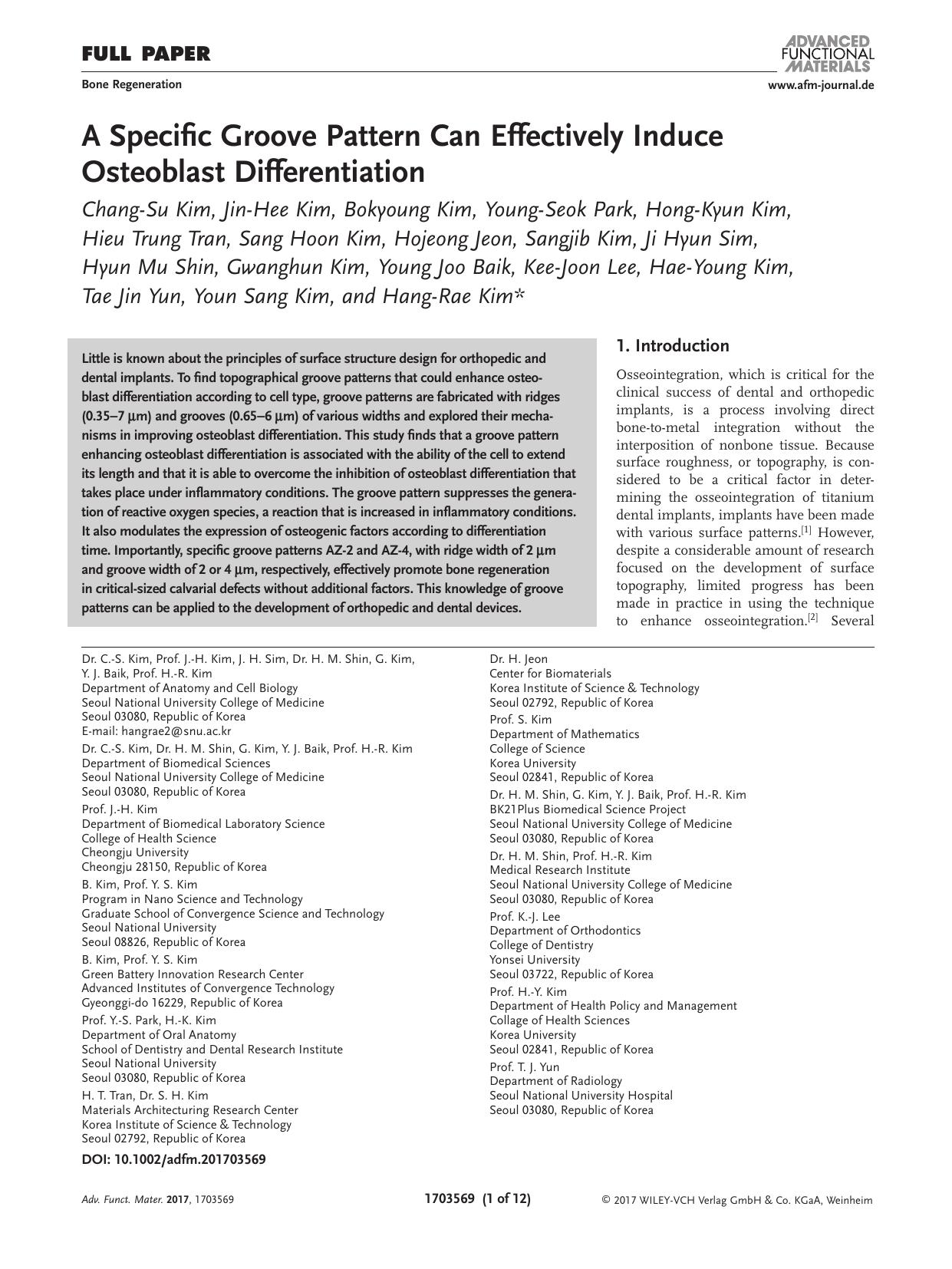 A Specific Groove Pattern Can Effectively Induce Osteoblast Differentiation by Unknown
