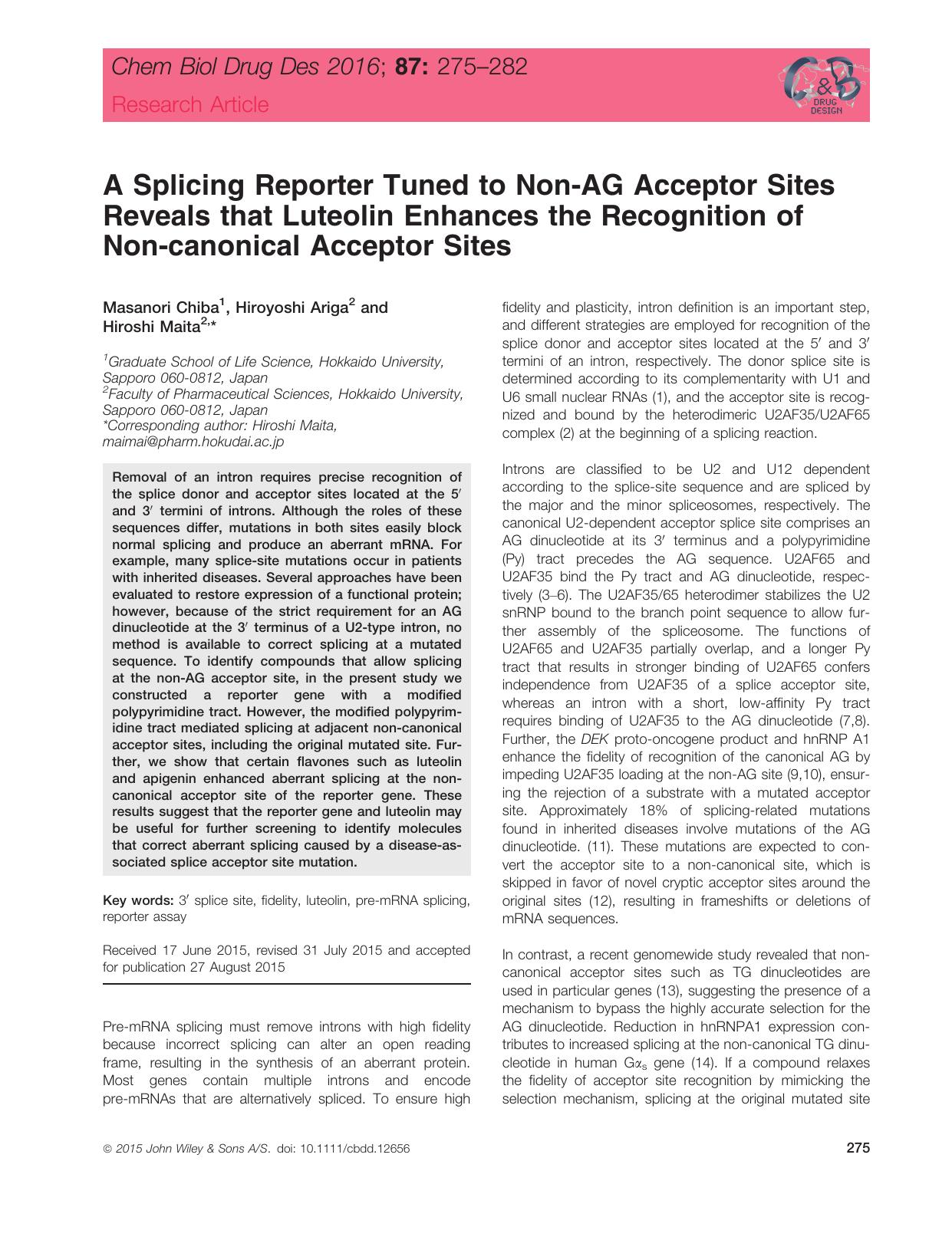 A Splicing Reporter Tuned to Non&#x2010;AG Acceptor Sites Reveals that Luteolin Enhances the Recognition of Non&#x2010;canonical Acceptor Sites by unknow