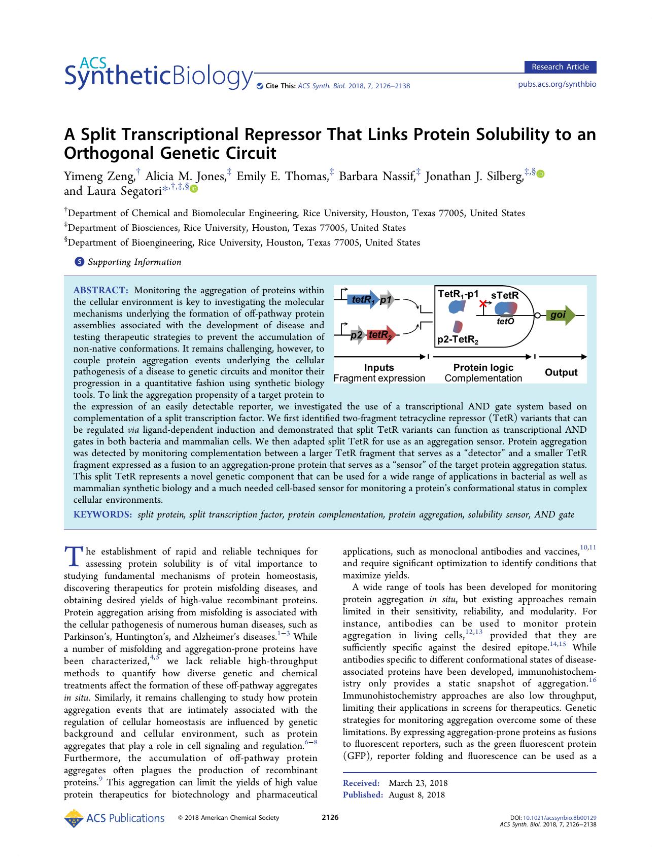A Split Transcriptional Repressor That Links Protein Solubility to an Orthogonal Genetic Circuit by unknow