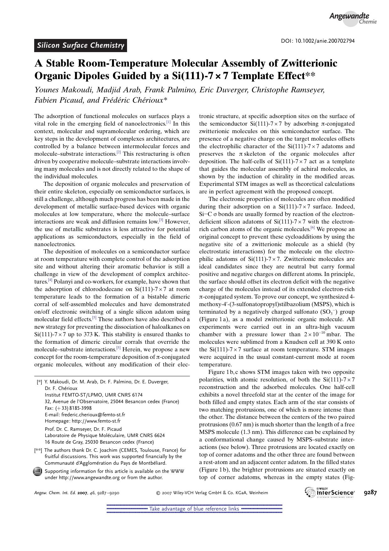 A Stable Room-Temperature Molecular Assembly of Zwitterionic Organic Dipoles Guided by a Si(111)-7Ã7 Template Effect by Unknown