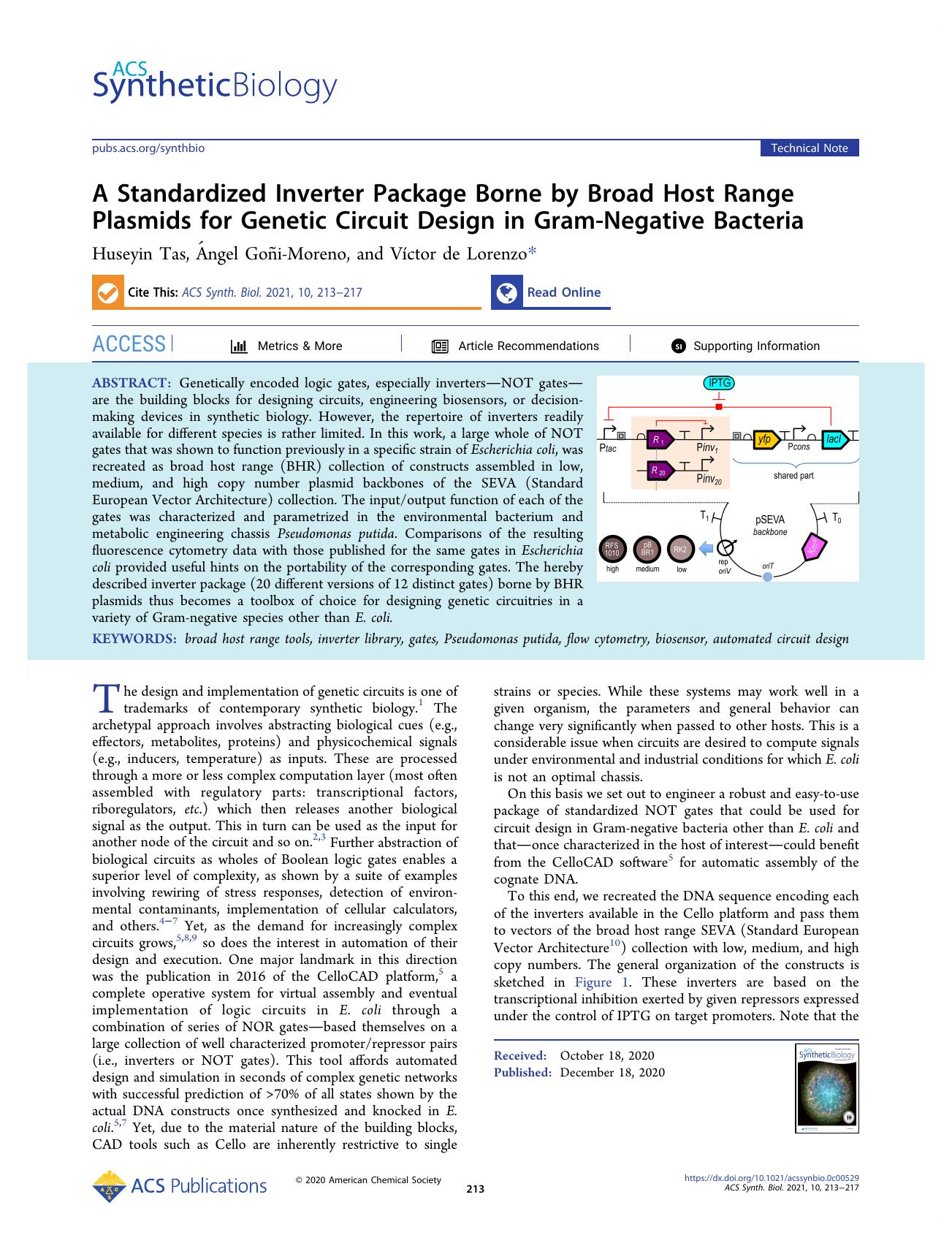A Standardized Inverter Package Borne by Broad Host Range Plasmids for Genetic Circuit Design in Gram-Negative Bacteria by Huseyin Tas Ángel Goñi-Moreno and Víctor de Lorenzo