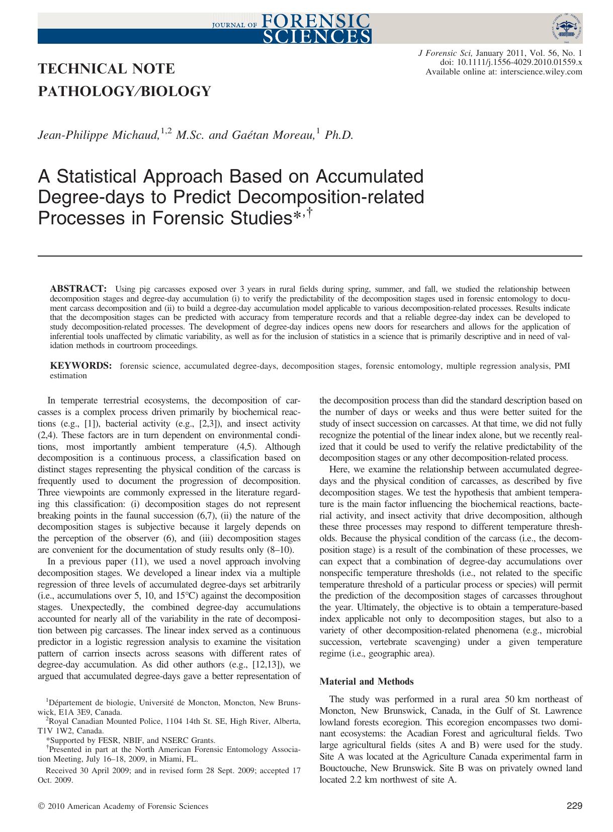 A Statistical Approach Based on Accumulated Degreedays to Predict Decompositionrelated Processes in Forensic Studies, by Unknown