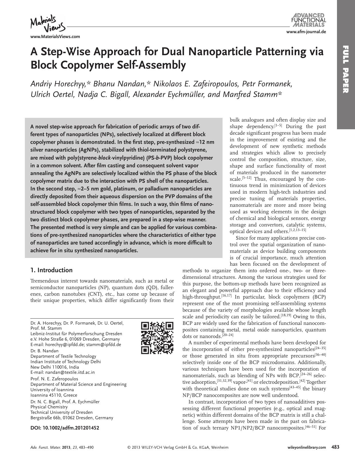 A StepWise Approach for Dual Nanoparticle Patterning via Block Copolymer SelfAssembly by vng