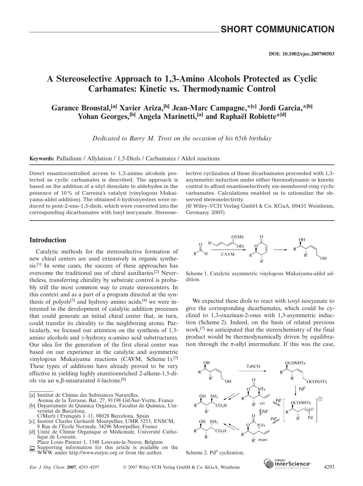 A Stereoselective Approach to 1,3-Amino Alcohols Protected as Cyclic Carbamates: Kinetic vs. Thermodynamic Control by Unknown