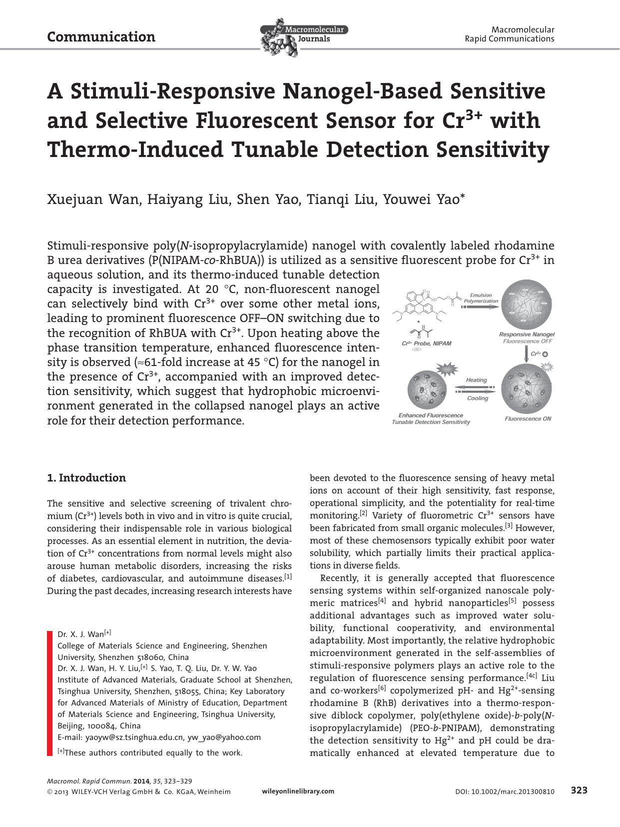 A StimuliResponsive NanogelBased Sensitive and Selective Fluorescent Sensor for Cr3+ with ThermoInduced Tunable Detection Sensitivity by s-w-270