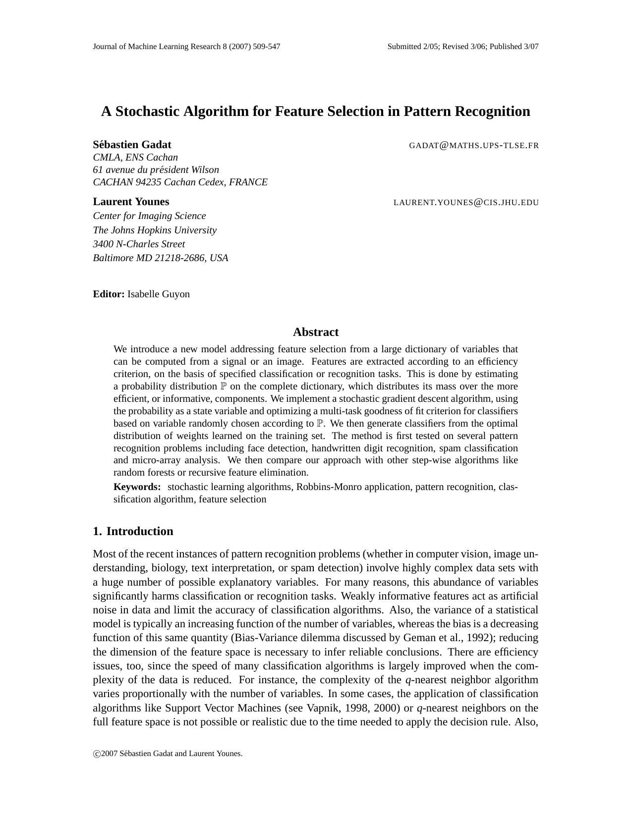 A Stochastic Algorithm for Feature Selection in Pattern Recognition by Unknown