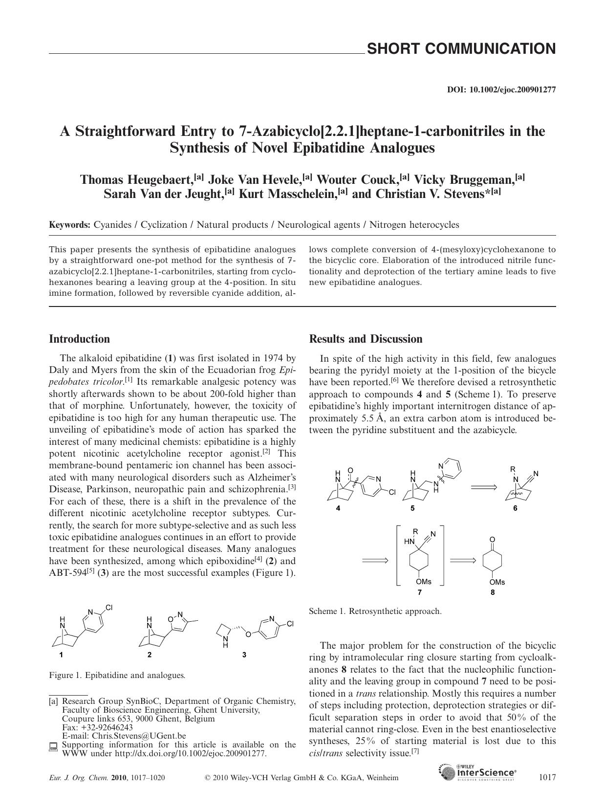 A Straightforward Entry to 7-Azabicyclo[2.2.1]heptane-1-carbonitriles in the Synthesis of Novel Epibatidine Analogues by Unknown