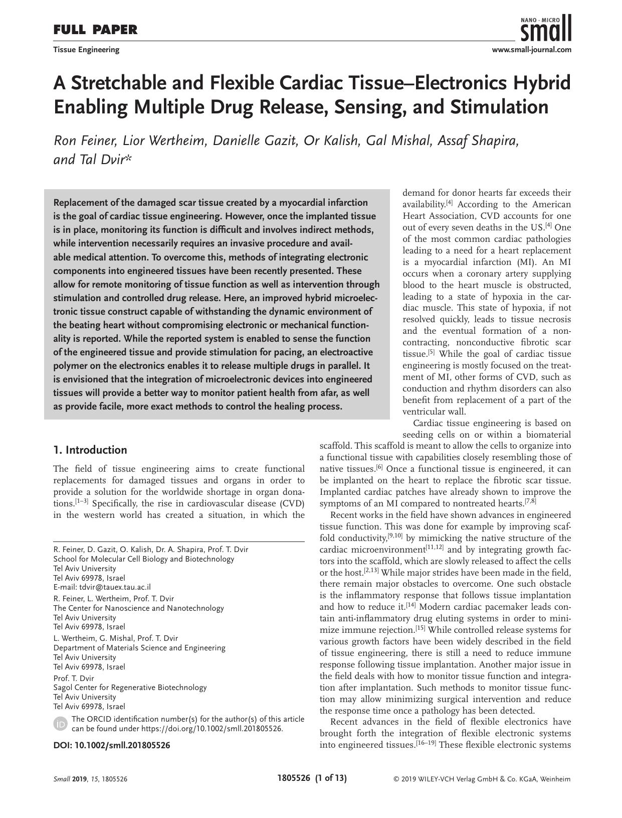 A Stretchable and Flexible Cardiac Tissue&#x02013;Electronics Hybrid Enabling Multiple Drug Release, Sensing, and Stimulation by Unknown