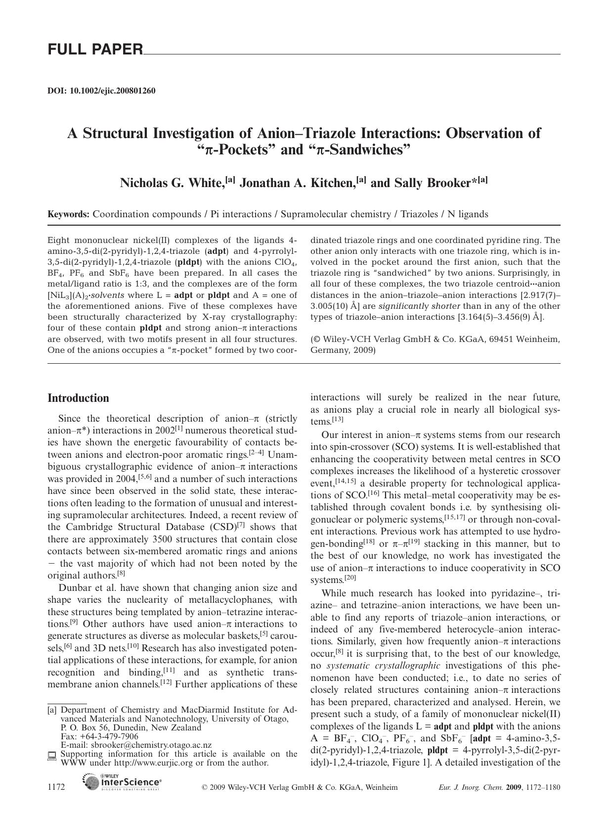 A Structural Investigation of Anion-Triazole Interactions: Observation of "[pi]-Pockets" and "[pi]-Sandwiches by Unknown