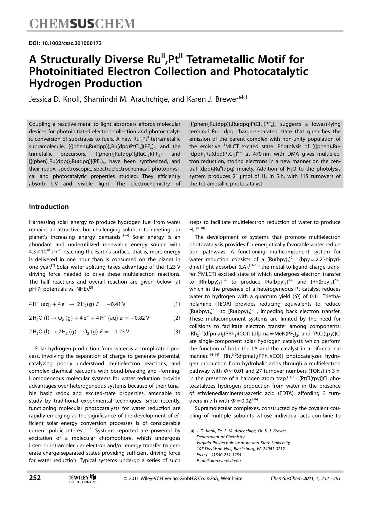 A Structurally Diverse RuII,PtII Tetrametallic Motif for Photoinitiated Electron Collection and Photocatalytic Hydrogen Production by Unknown