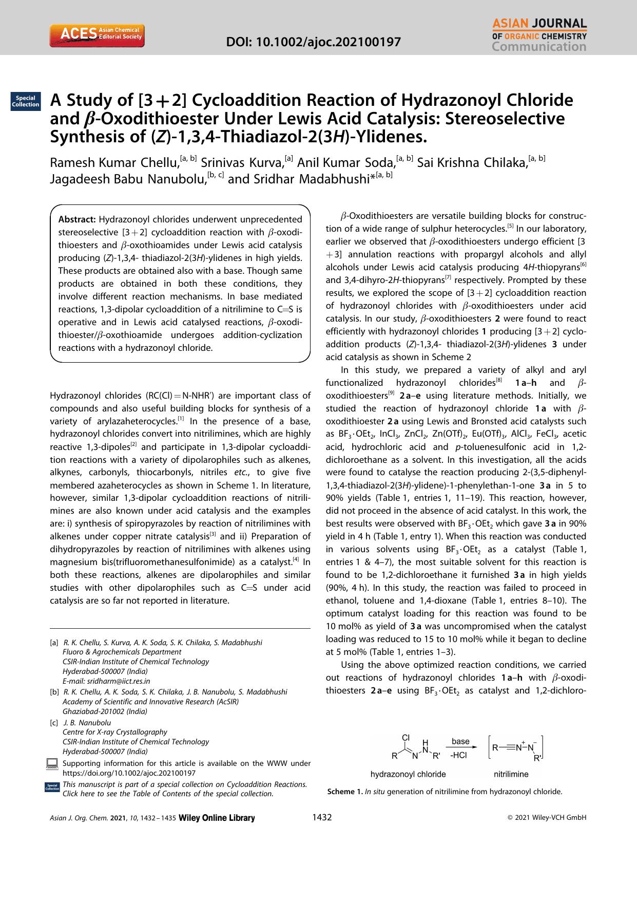 A Study of [3+2] Cycloaddition Reaction of Hydrazonoyl Chloride and Î²âOxodithioester Under Lewis Acid Catalysis: Stereoselective Synthesis of (Z)â1,3,4âThiadiazolâ2(3H)âYlidenes. by Unknown