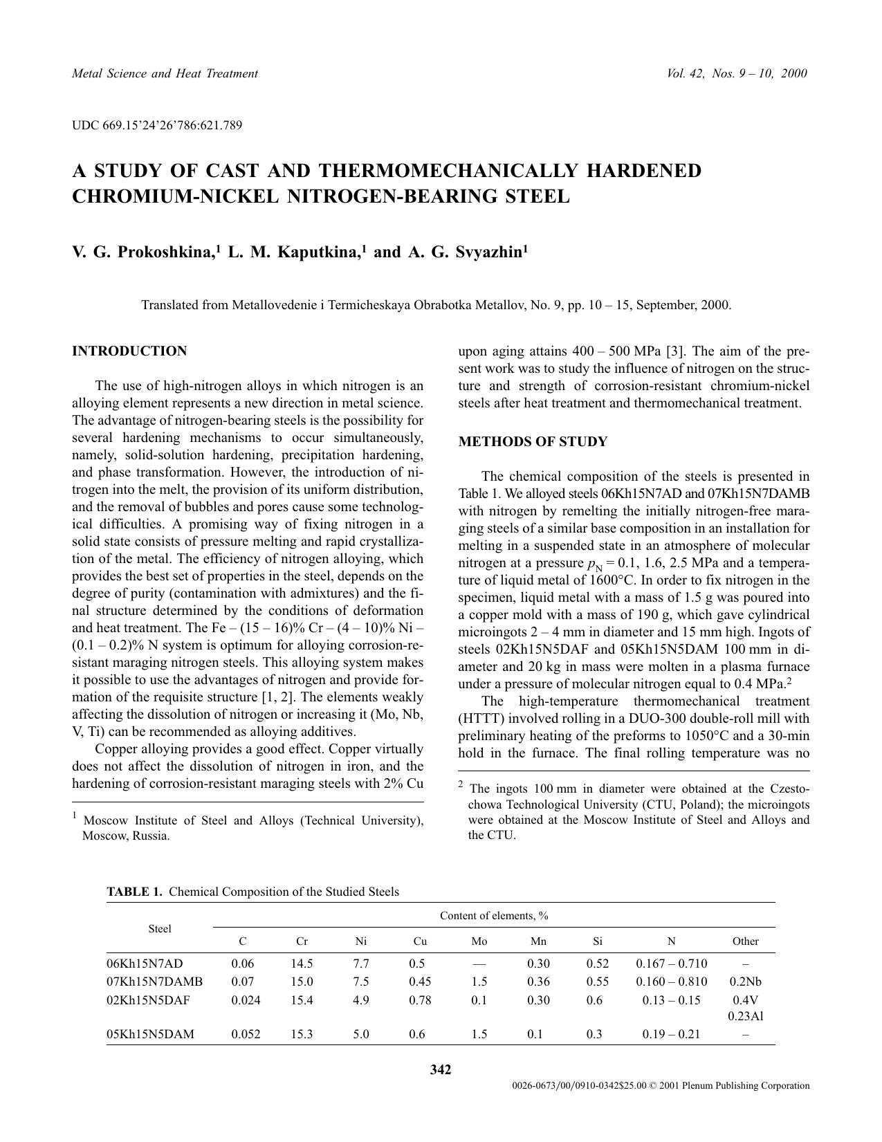 A Study of Cast and Thermomechanically Hardened Chromium-Nickel Nitrogen-Bearing Steel by Unknown