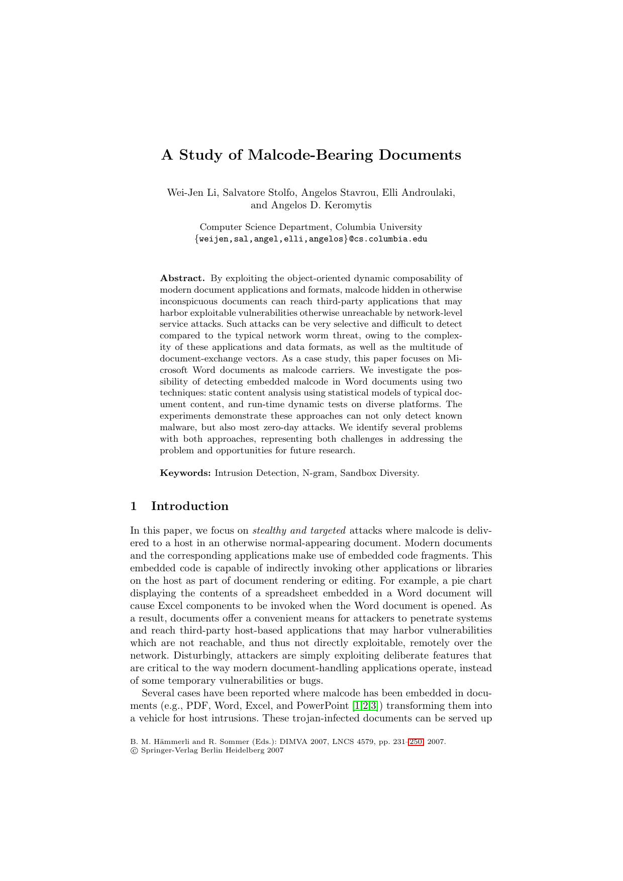 A Study of Malcode-Bearing Documents by Unknown