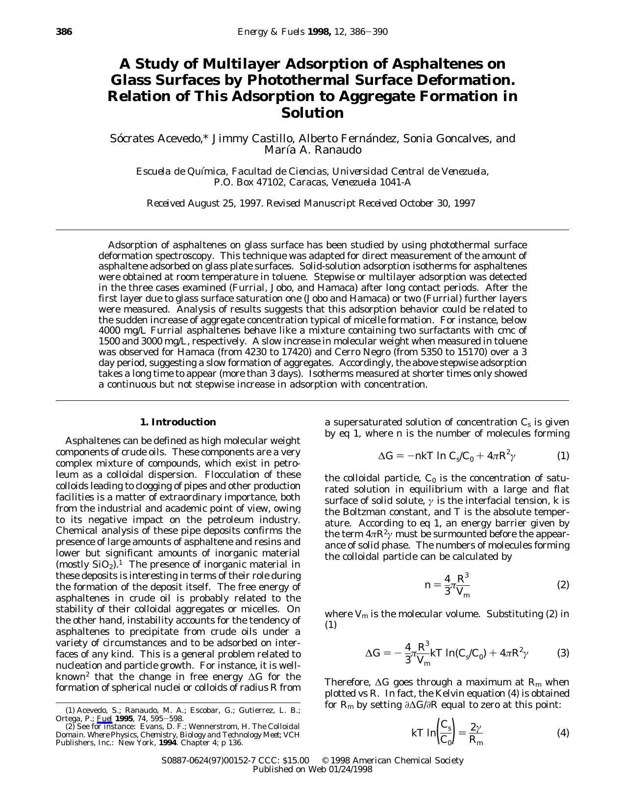 A Study of Multilayer Adsorption of Asphaltenes on Glass Surfaces by Photothermal Surface Deformation. Relation of This Adsorption to Aggregate Formation in Solution by Unknown