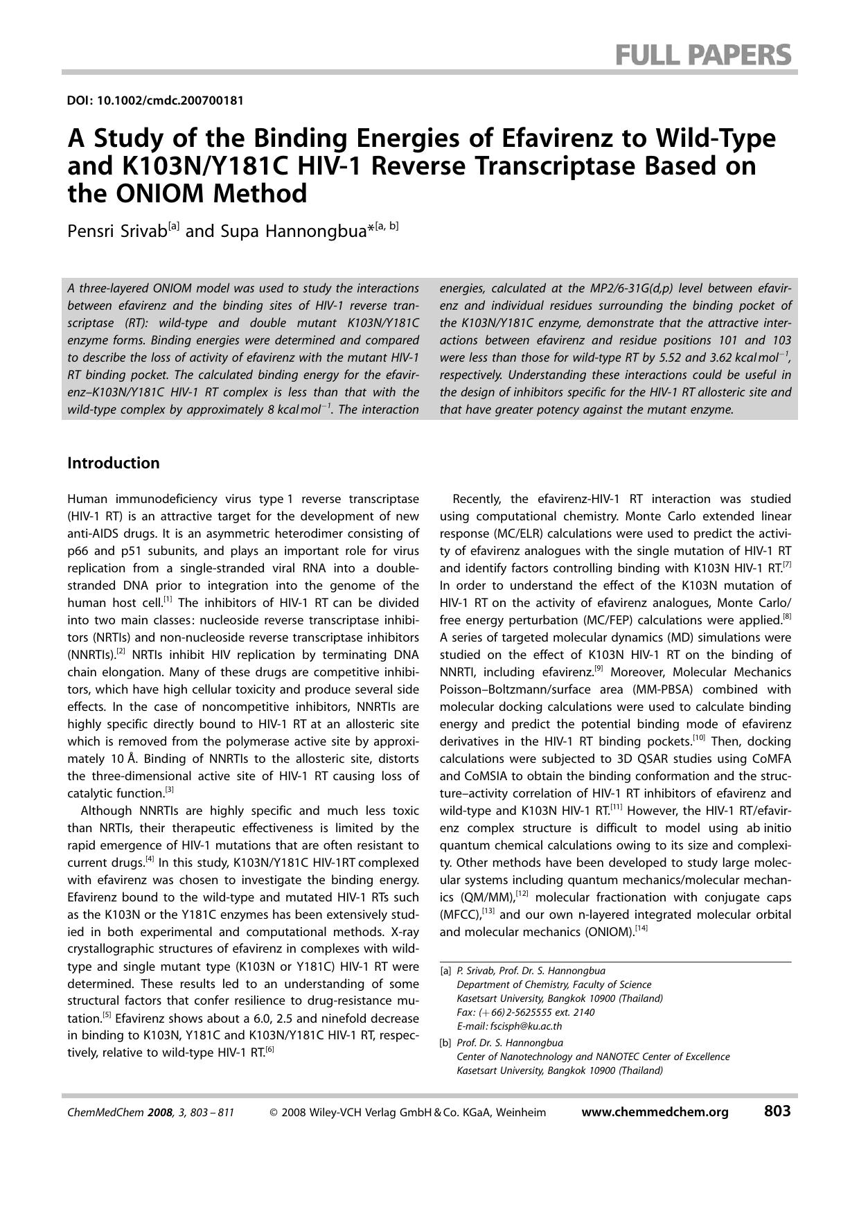 A Study of the Binding Energies of Efavirenz to Wild-Type and K103NY181C HIV-1 Reverse Transcriptase Based on the ONIOM Method by Unknown