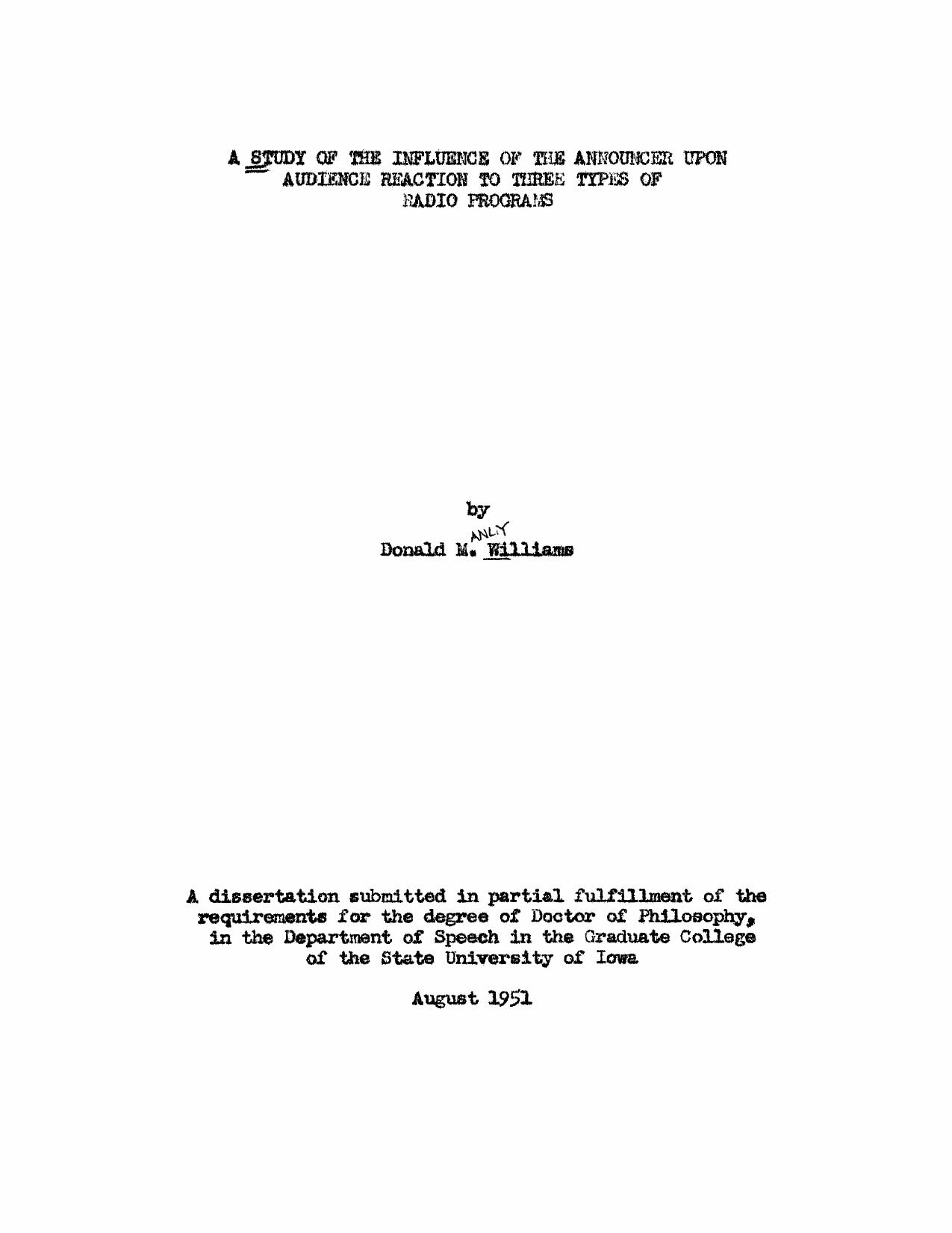 A Study of the Influence of the Announcer Upon Audience Reaction to Three Types of Radio Programs by Williams Donald Manly