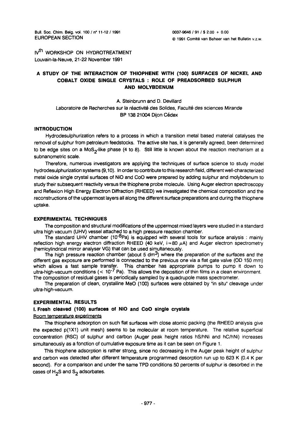 A Study of the Interaction of Thiophene with (100) Surfaces of Nickel and Cobalt Oxide Single Crystals: Role of Preadsorbed Sulphur and Molybdenum by Unknown