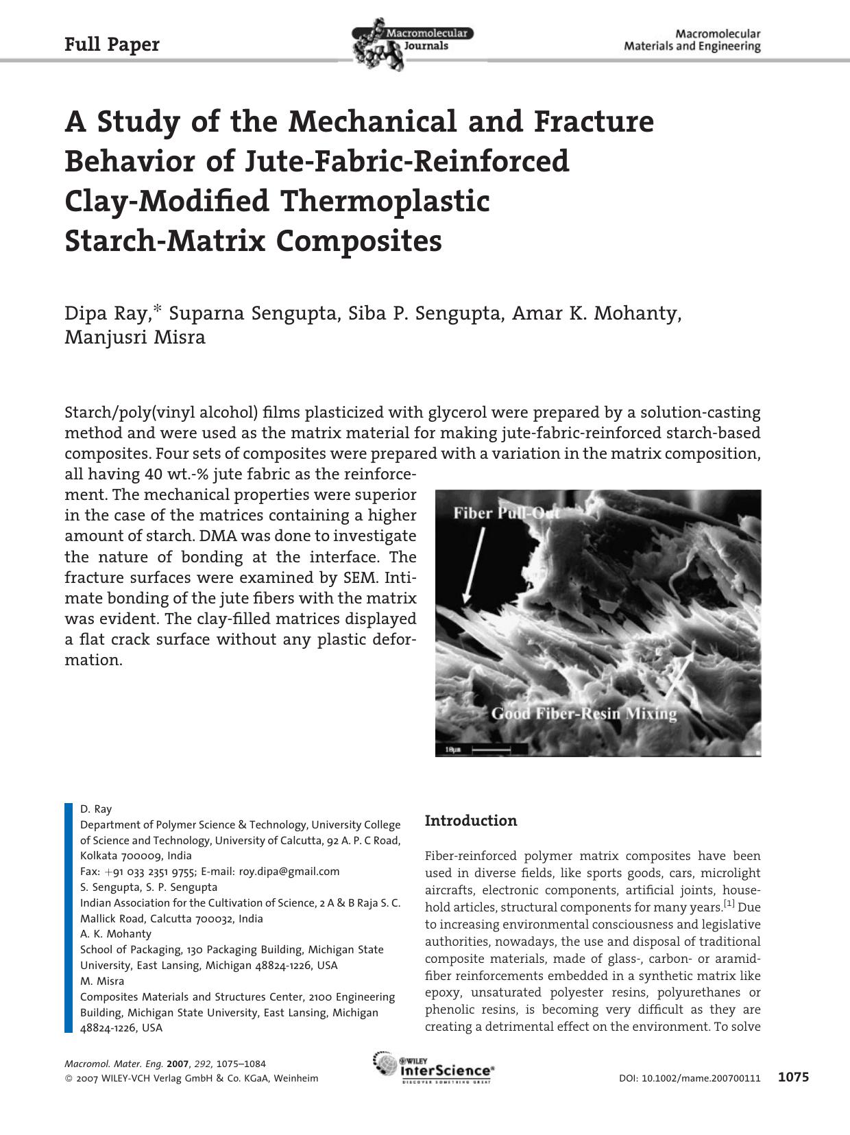 A Study of the Mechanical and Fracture Behavior of Jute-Fabric-Reinforced Clay-Modified Thermoplastic Starch-Matrix Composites by Unknown