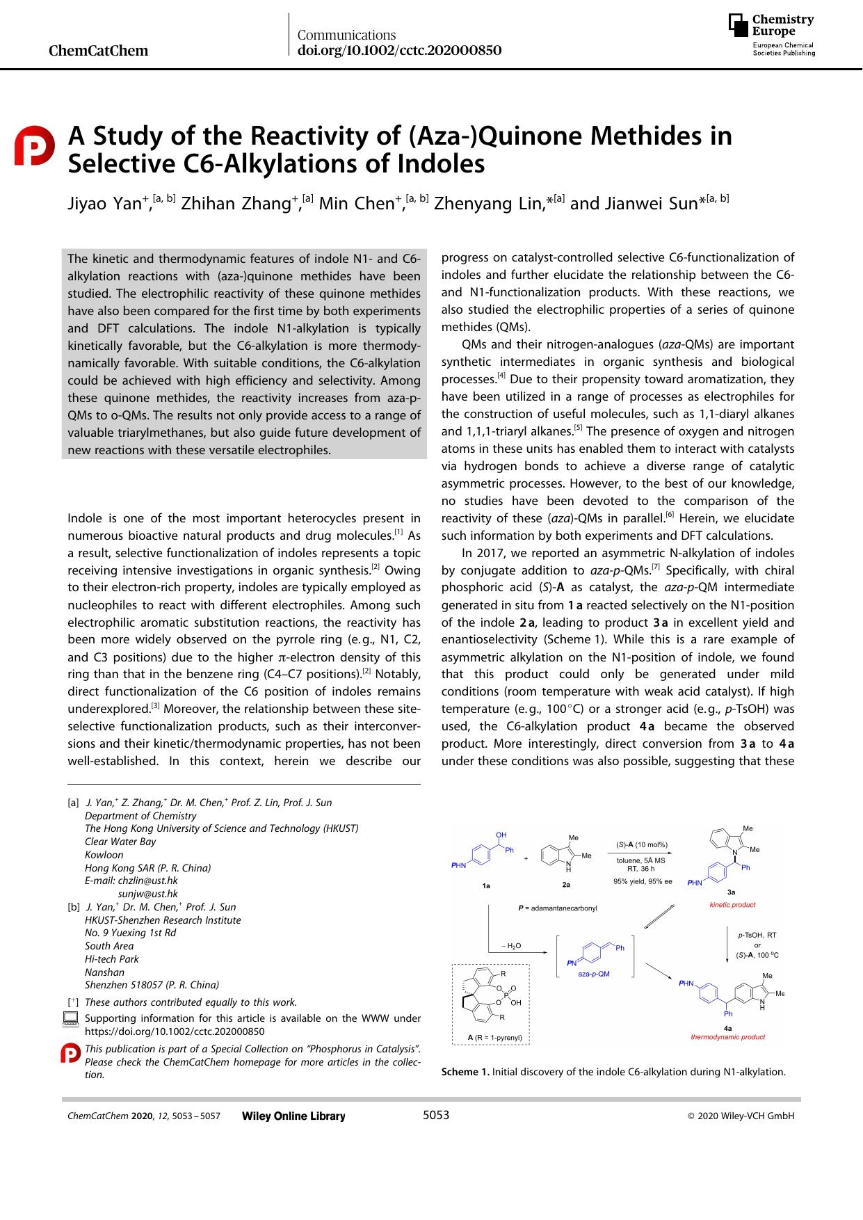 A Study of the Reactivity of (Azaâ)Quinone Methides in Selective C6âAlkylations of Indoles by Unknown