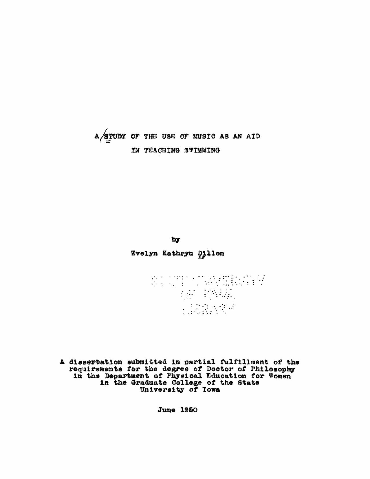 A Study of the Use of Music as an Aid in Teaching Swimming by Dillon Evelyn Kathryn