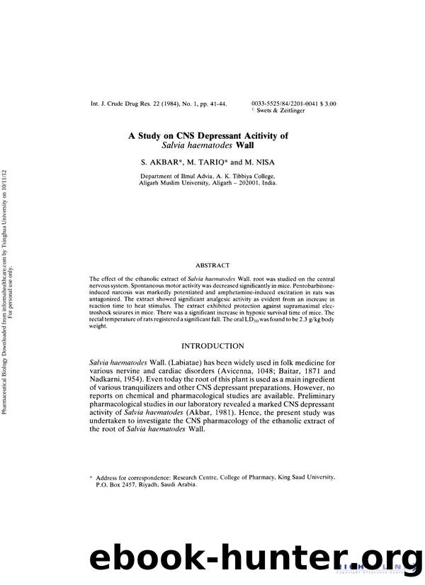 A Study on CNS Depressant Acitivity of Salvia haematodes Wall by S. Akbar M. Tariq & M. Nisa
