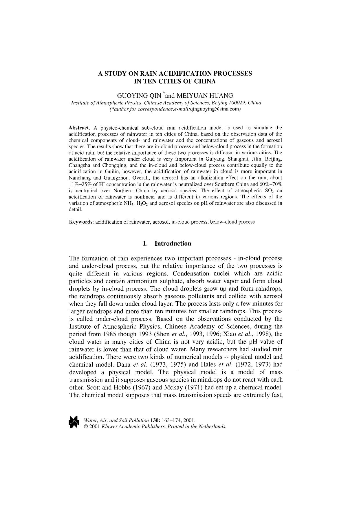 A Study on Rain Acidification Processes in Ten Cities of China by Unknown