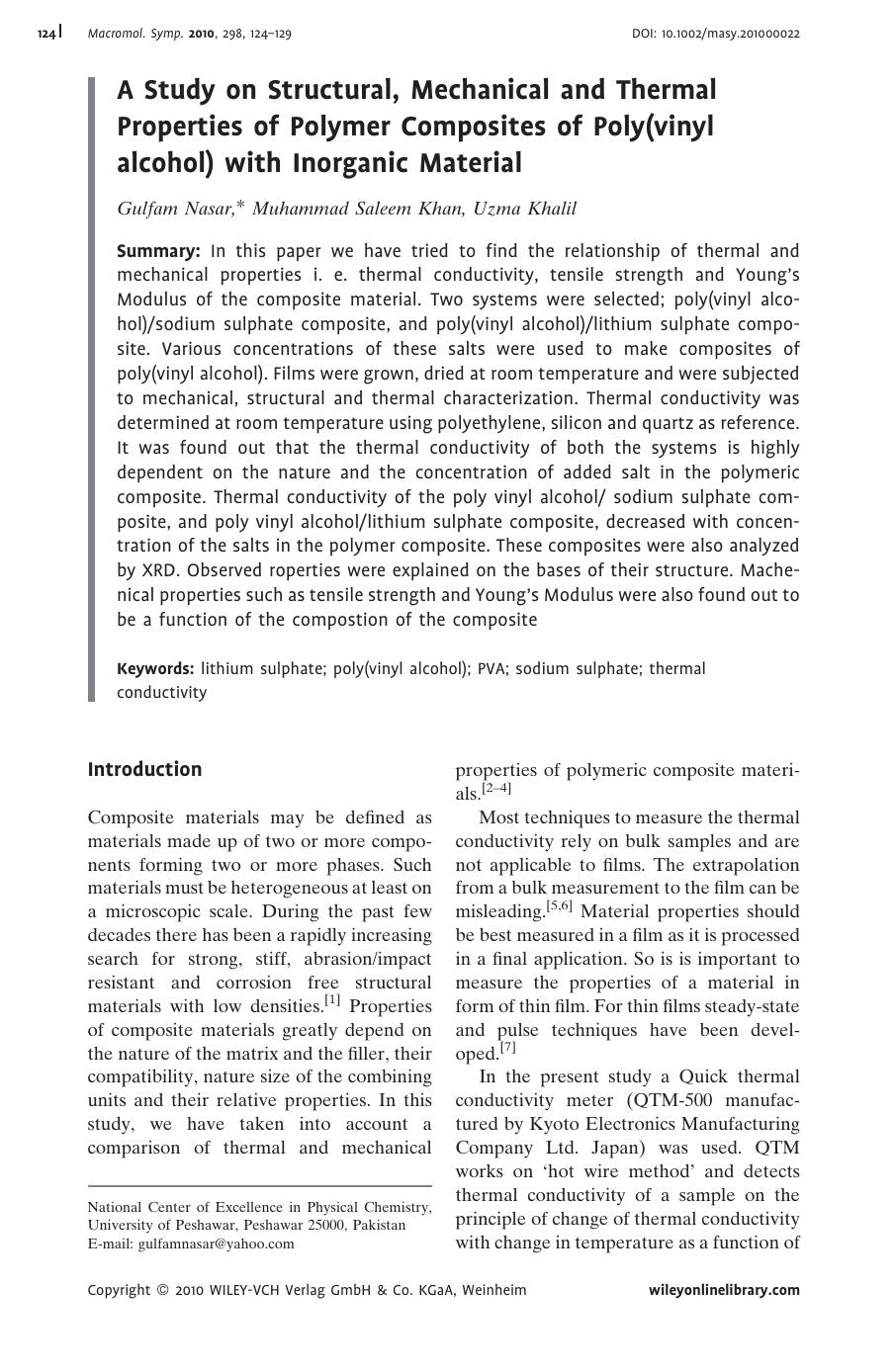 A Study on Structural, Mechanical and Thermal Properties of Polymer Composites of Poly(vinyl alcohol) with Inorganic Material by Unknown