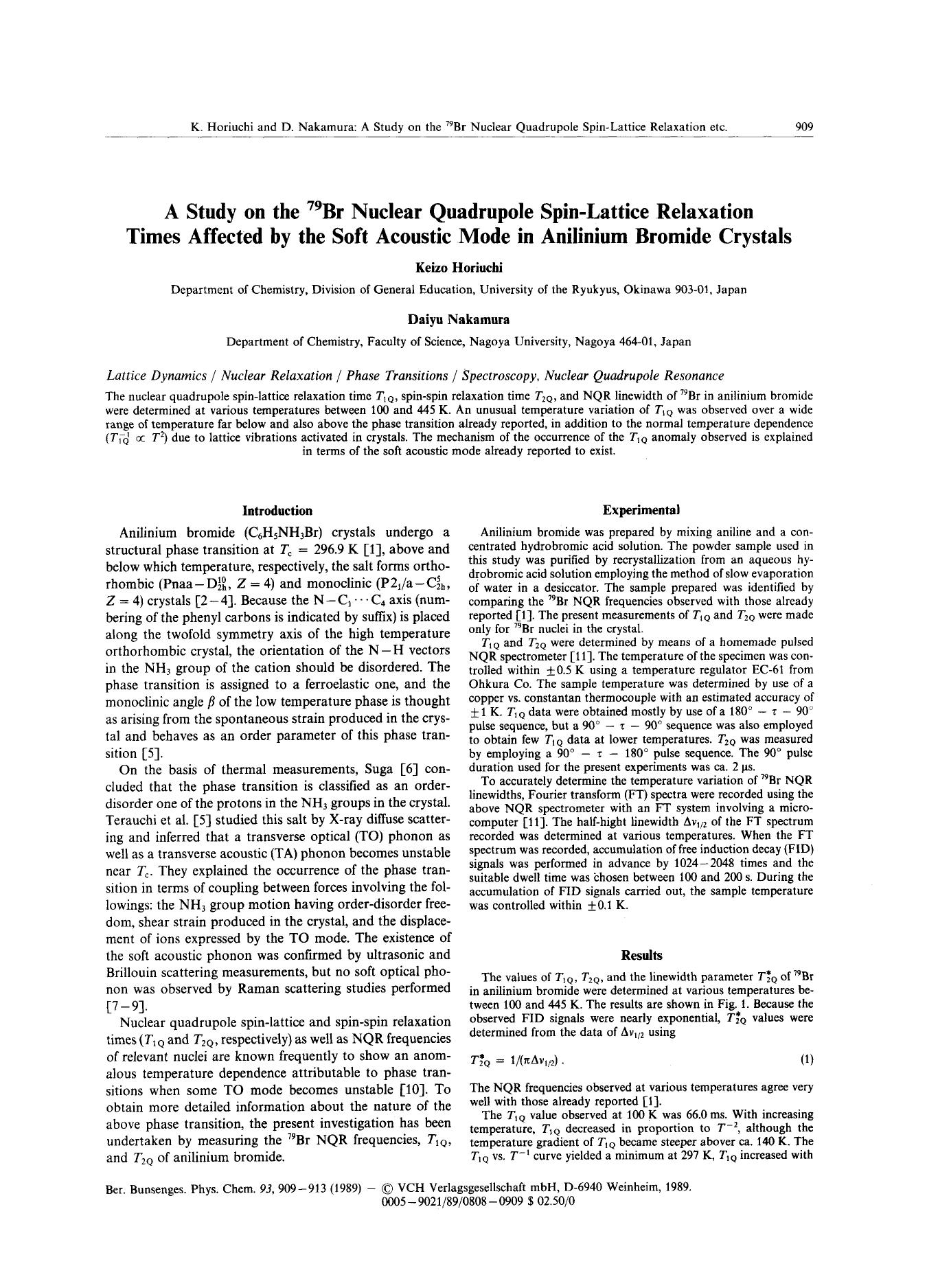 A Study on the 79Br Nuclear Quadrupole Spin-Lattice Relaxation Times Affected by the Soft Acoustic Mode in Anilinium Bromide Crystals by Unknown