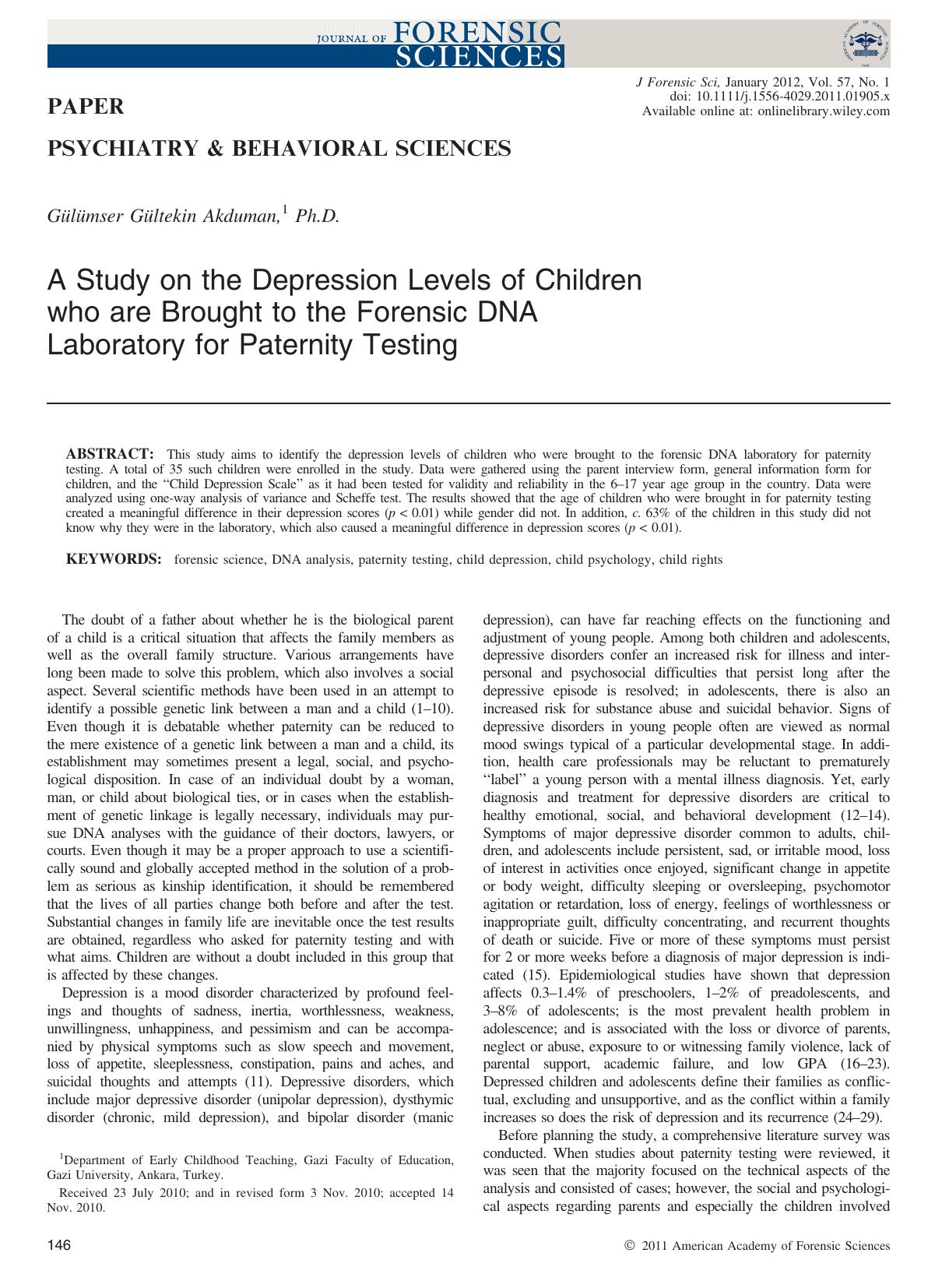 A Study on the Depression Levels of Children who are Brought to the Forensic DNA Laboratory for Paternity Testing by Unknown