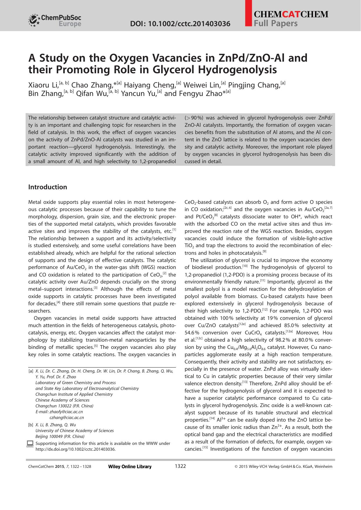 A Study on the Oxygen Vacancies in ZnPdZnOAl and their Promoting Role in Glycerol Hydrogenolysis by Unknown