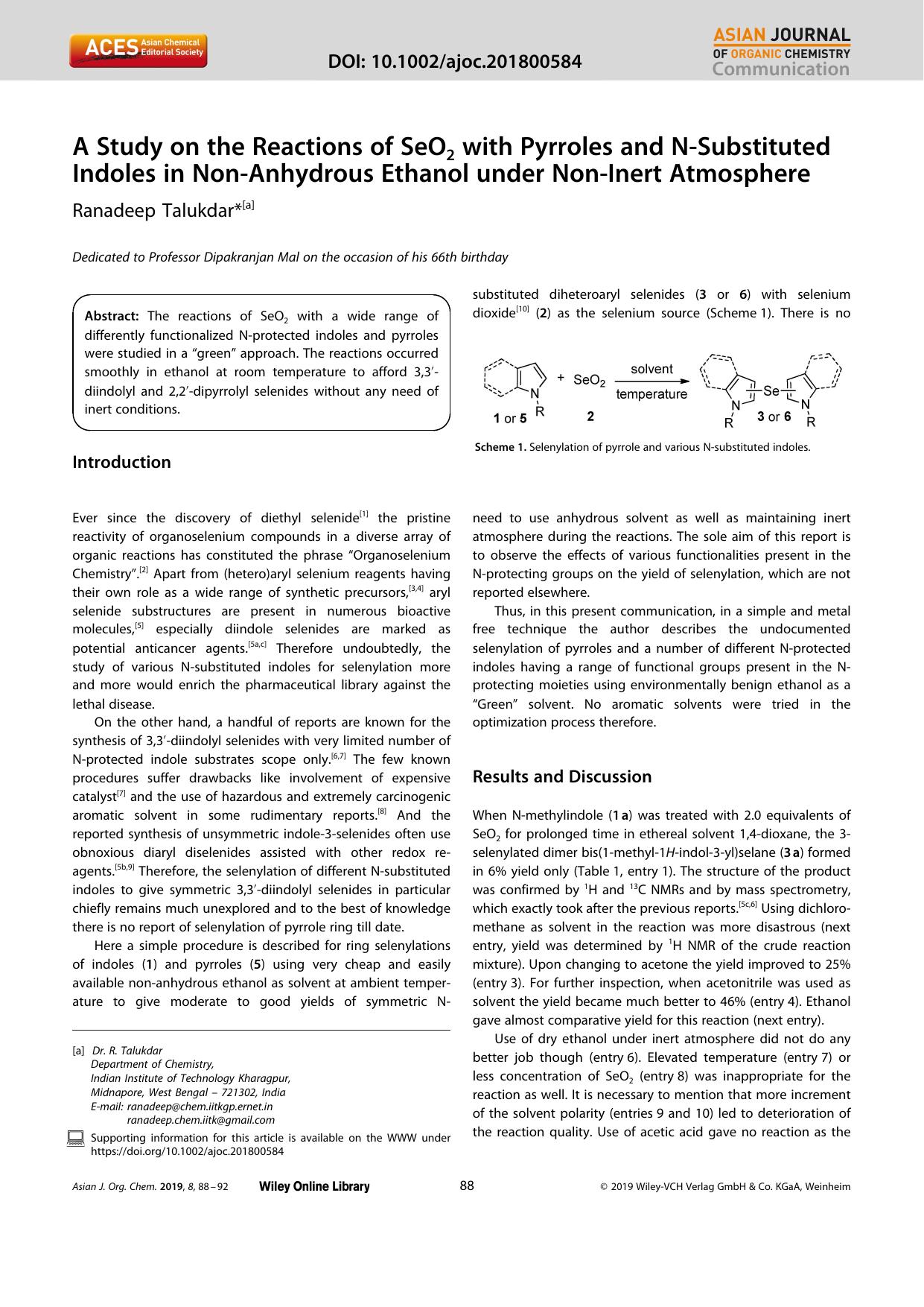 A Study on the Reactions of SeO2 with Pyrroles and NâSubstituted Indoles in NonâAnhydrous Ethanol under NonâInert Atmosphere by Unknown