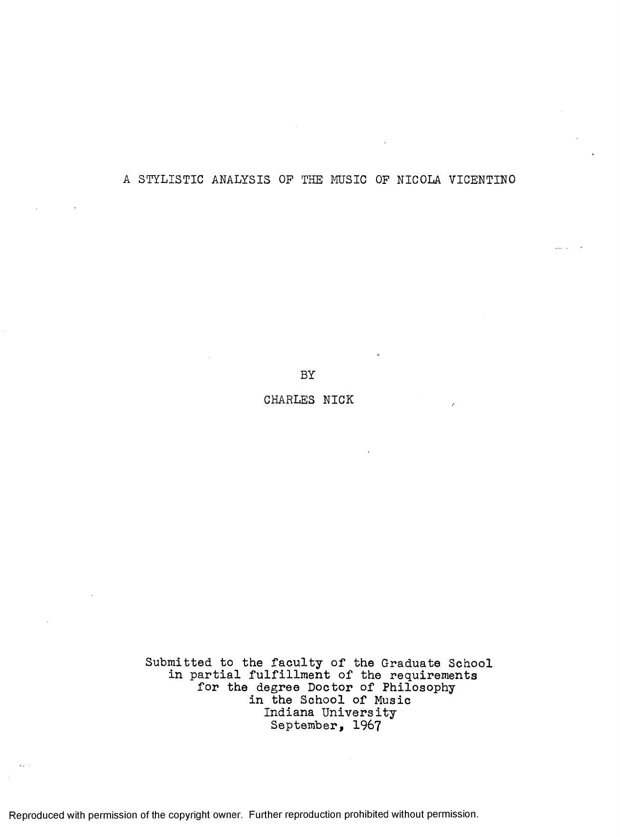 A Stylistic Analysis of the Music of Nicola Vicentino by Charles Nick