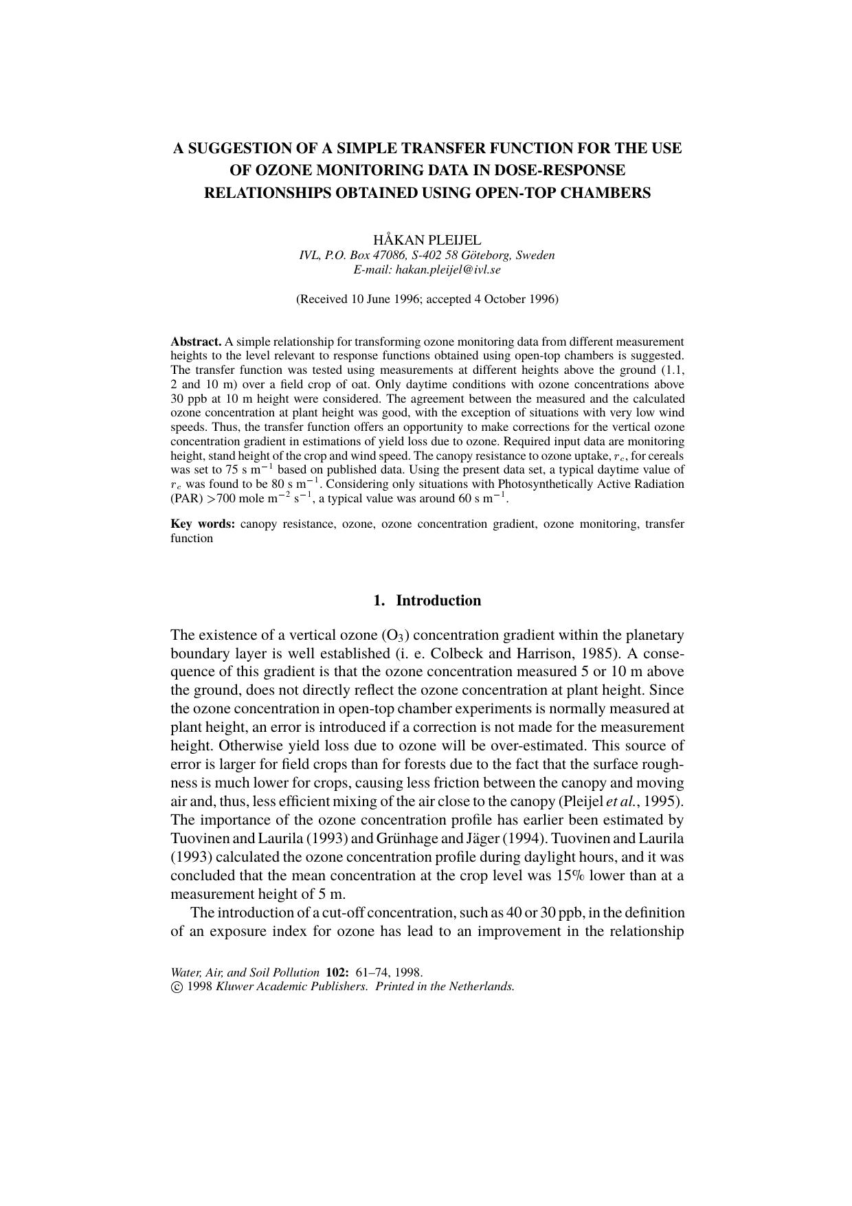 A Suggestion of a Simple Transfer Function for the Use of Ozone Monitoring Data in Dose-response Relationships Obtained Using Open-Top Chambers by Unknown