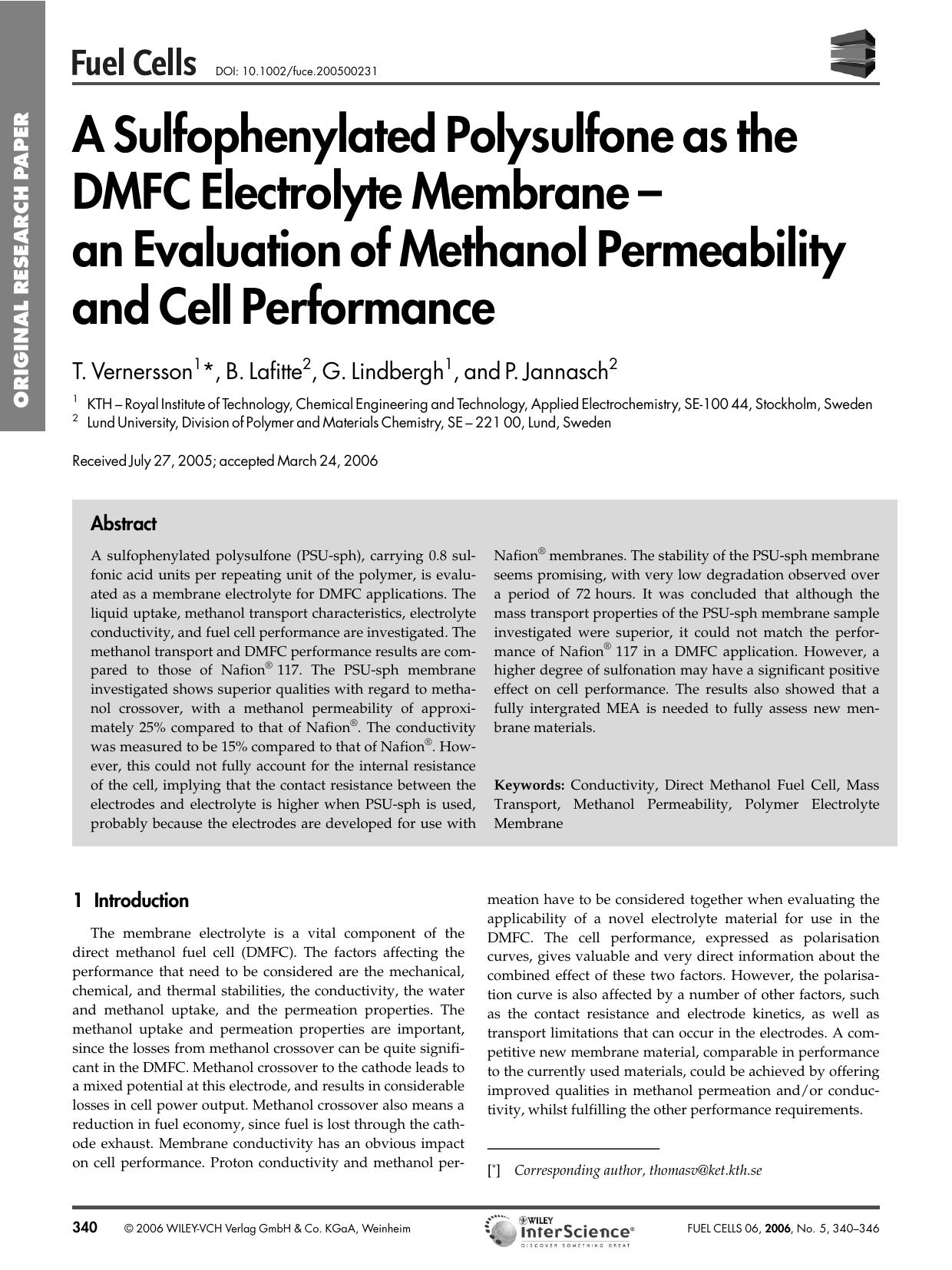 A Sulfophenylated Polysulfone as the DMFC Electrolyte Membrane - an Evaluation of Methanol Permeability and Cell Performance by Unknown