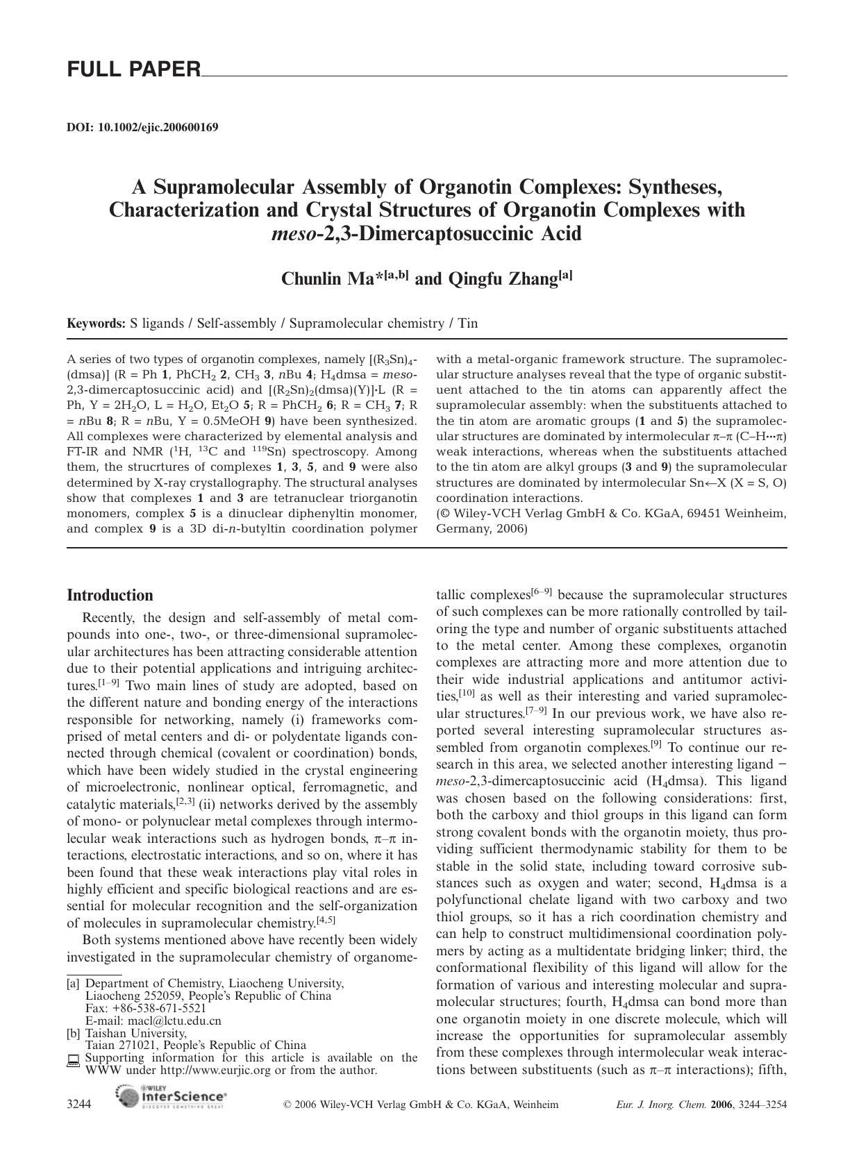 A Supramolecular Assembly of Organotin Complexes: Syntheses, Characterization and Crystal Structures of Organotin Complexes with meso-2,3-Dimercaptosuccinic Acid by Unknown