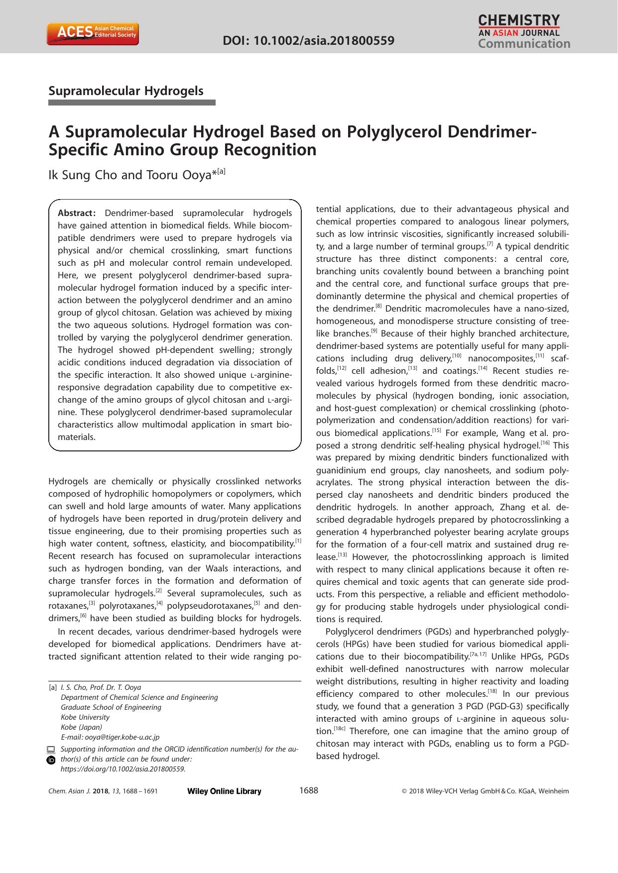 A Supramolecular Hydrogel Based on Polyglycerol DendrimerâSpecific Amino Group Recognition by Unknown