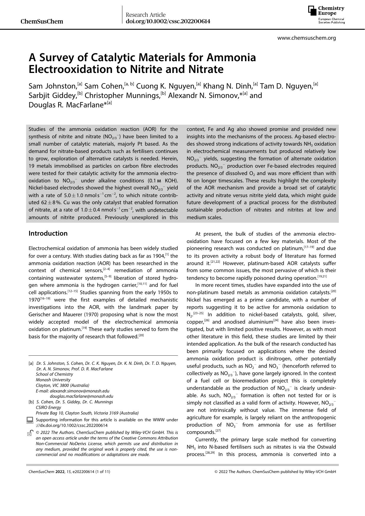 A Survey of Catalytic Materials for Ammonia Electrooxidation to Nitrite and Nitrate by Unknown