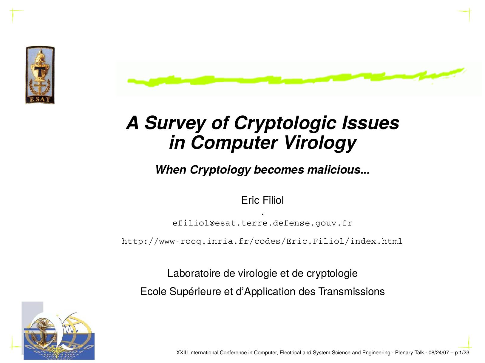 A Survey of Cryptologic Issues in Computer Virology by Unknown