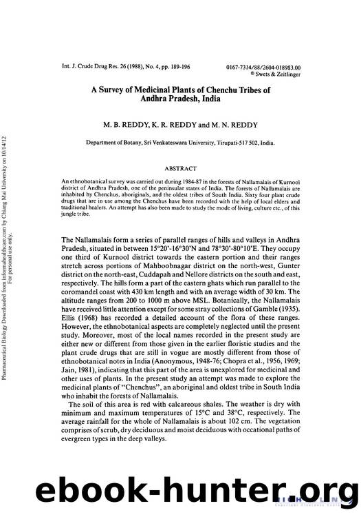 A Survey of Medicinal Plants of Chenchu Tribes of Andhra Pradesh, India by M. B. Reddy K. R. Reddy & M. N. Reddy